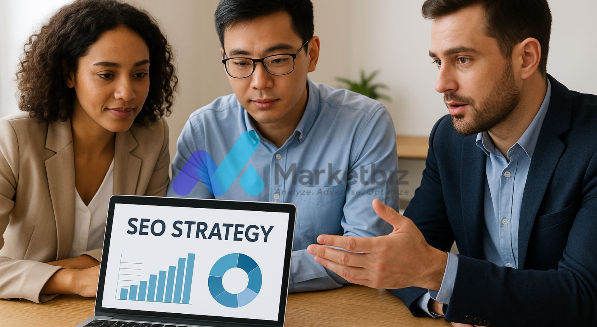 Business team discussing SEO strategy on laptop