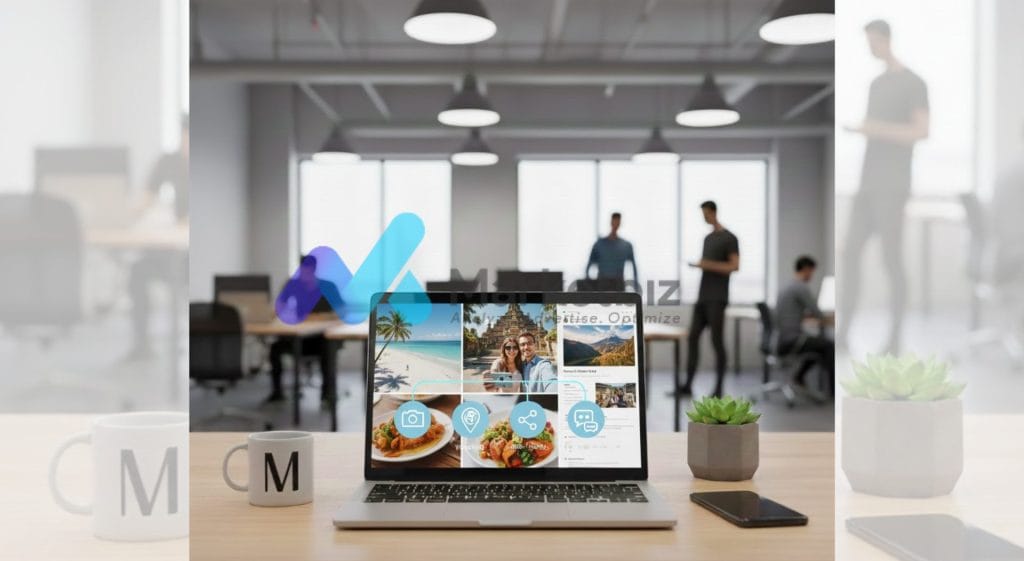 Strategi content marketing untuk bisnis pariwisata dengan visual destinasi dan perencanaan konten digital.
