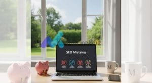 Laptop menampilkan slide “SEO Mistakes” dengan ikon kesalahan umum SEO di atas meja, ditemani celengan dan cangkir.