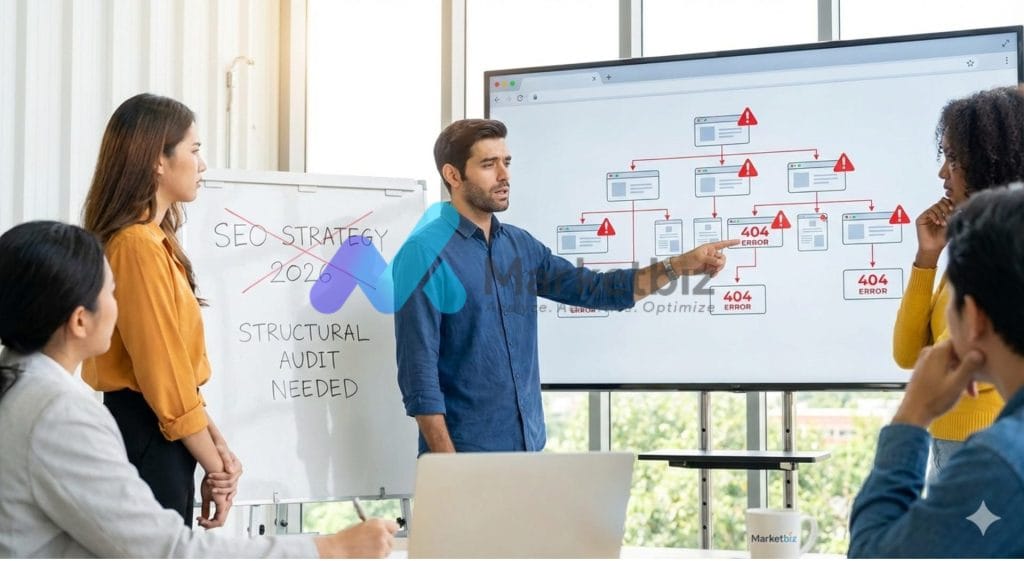 Illustration showing broken website structure affecting SEO performance