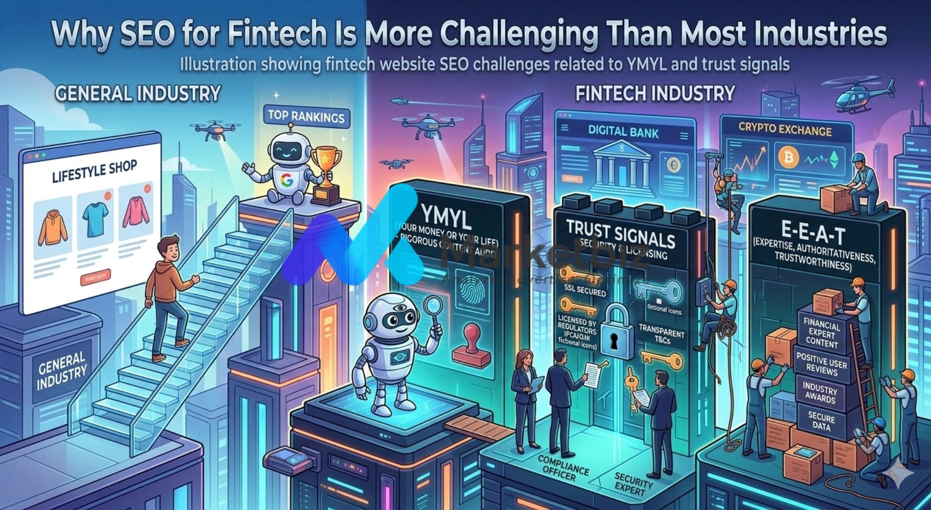 Illustration showing fintech website SEO challenges related to YMYL and trust signals