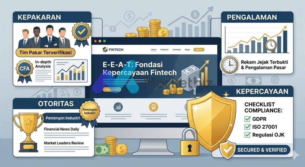 Ilustrasi SEO untuk fintech yang menekankan pentingnya YMYL dan E-E-A-T dalam membangun kepercayaan