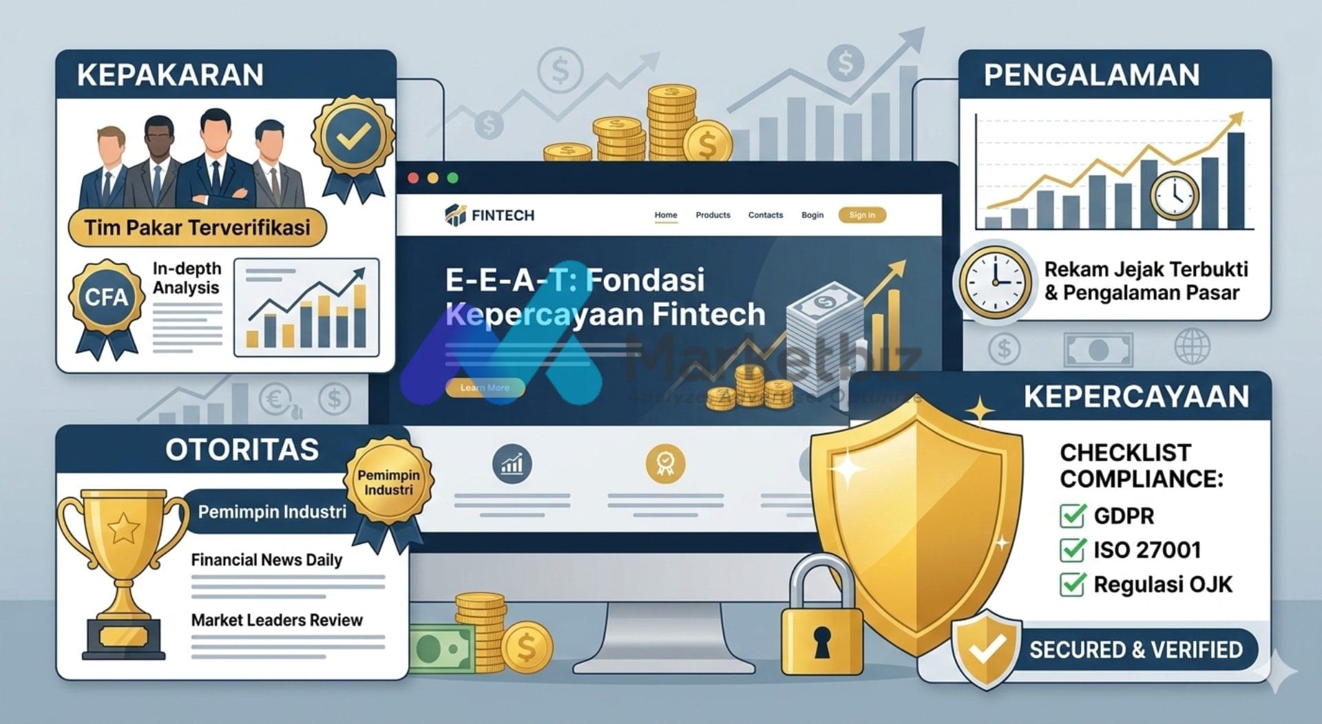Ilustrasi SEO untuk fintech yang menekankan pentingnya YMYL dan E-E-A-T dalam membangun kepercayaan